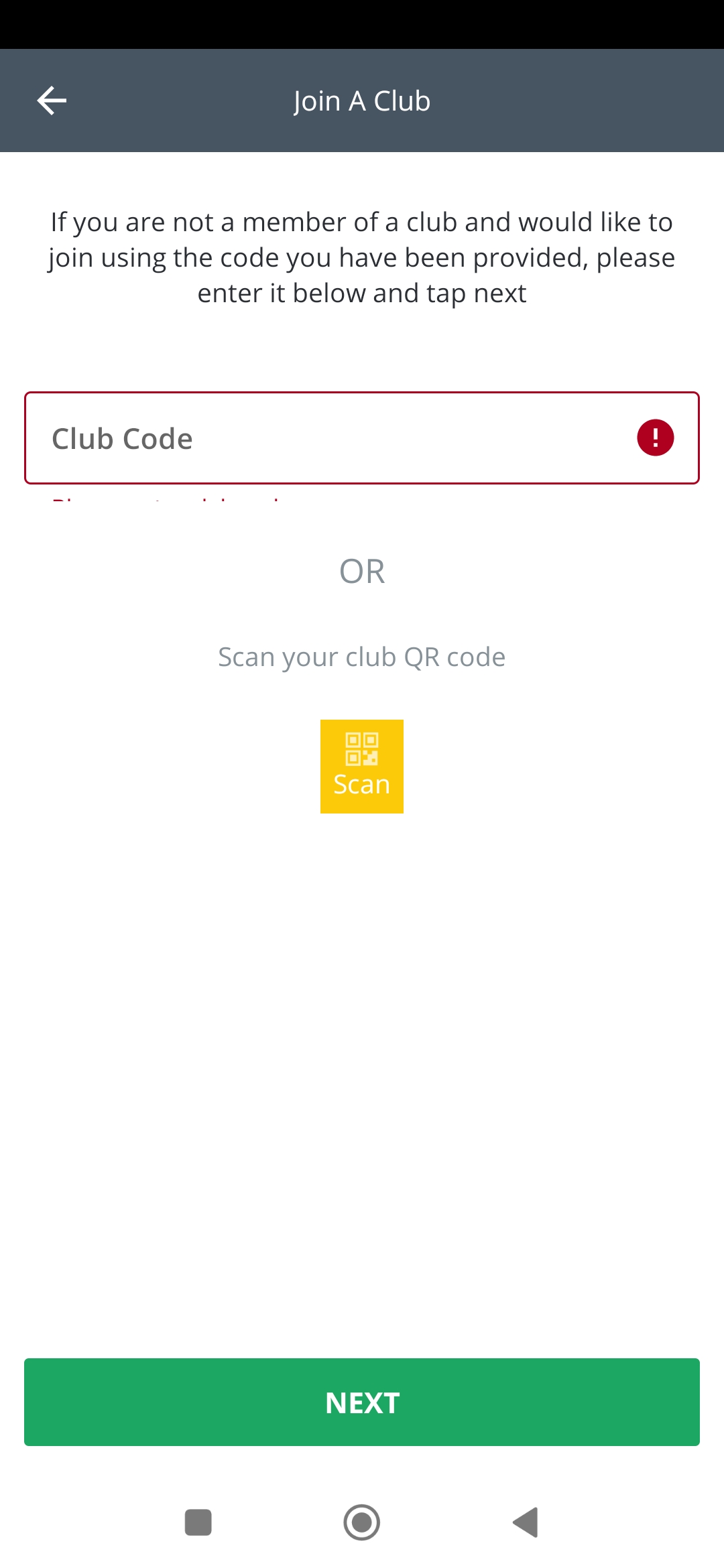 La advertencia para el campo vacío Código del club no es visible en la página Unirse a un club