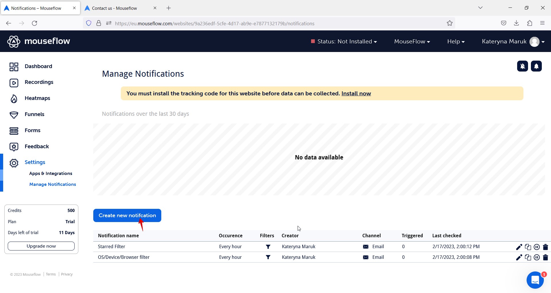 Error ortográfico en el botón Crear nueva notificación de la página “Gestionar notificaciones”