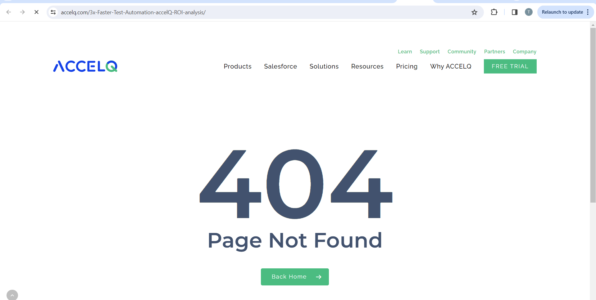 Aparece un error 404 después de hacer clic en el enlace ACCELQ del artículo ¿Qué es la automatización de pruebas?